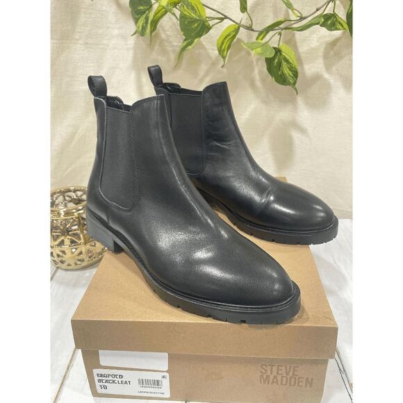 Steve Madden Leopold Chelsea Boots - Black Leather 10M - Picture 1 of 7